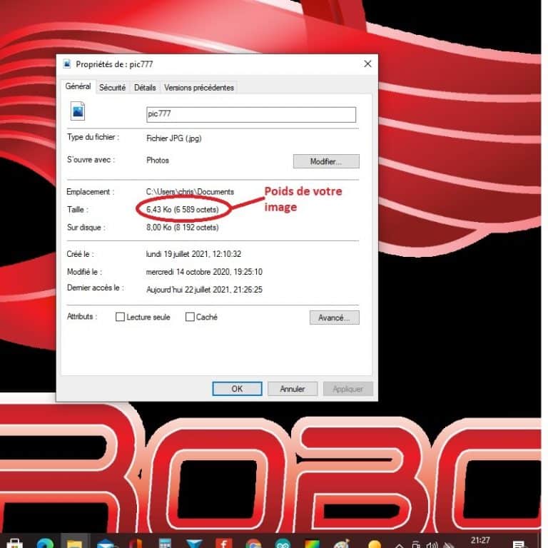 La capture d'écran montre les propriétés d'une image intitulée "pic777". L'image est un fichier JPEG stocké dans les documents de l'utilisateur sur un ordinateur Windows. Les détails mettent en évidence que la taille du fichier est de 6.43 Ko et que l'image se trouve sur le disque C. Le fond de la capture d'écran présente un design stylisé avec le logo "3BC" en rouge vif