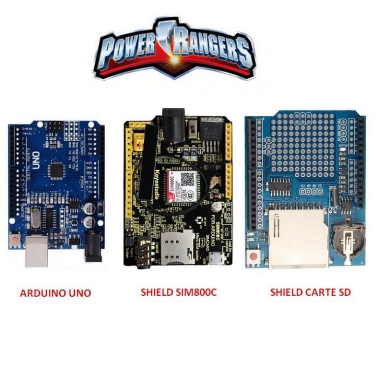Ensemble de composants électroniques pour le développement Arduino, incluant un Arduino UNO, un SHIELD SIM800C pour communication GSM, et un SHIELD pour carte SD. Ces modules sont conçus pour être empilés et connectés sur l'Arduino UNO, permettant l'extension des capacités de l'Arduino pour divers projets de communication et de stockage de données.