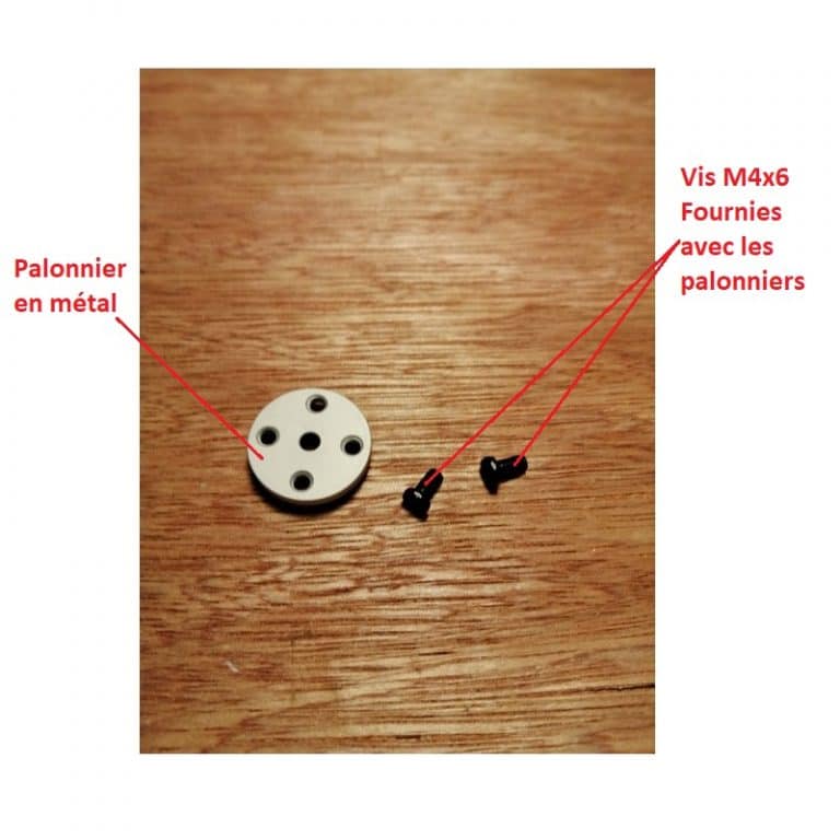 Montre un palonnier en métal accompagné de deux vis M4x6. Le palonnier, utilisé pour la connexion à un servomoteur, est posé sur une surface en bois. Les vis fournies avec le palonnier sont également affichées, et chaque élément est clairement identifié par des annotations.