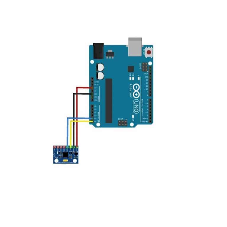 Illustration montrant un Arduino Uno connecté à un petit module électronique par des fils colorés. L'Arduino Uno, de couleur bleue, est représenté au centre avec des composants clairement visibles comme les ports d'entrée-sortie et le microcontrôleur. Le petit module, situé en bas à gauche, est connecté à l'Arduino par quatre fils de couleurs différentes (rouge, jaune, bleu, noir), indiquant différents signaux ou alimentations. Les fils semblent être connectés à des broches spécifiques sur l'Arduino, suggérant une configuration pour un projet spécifique.