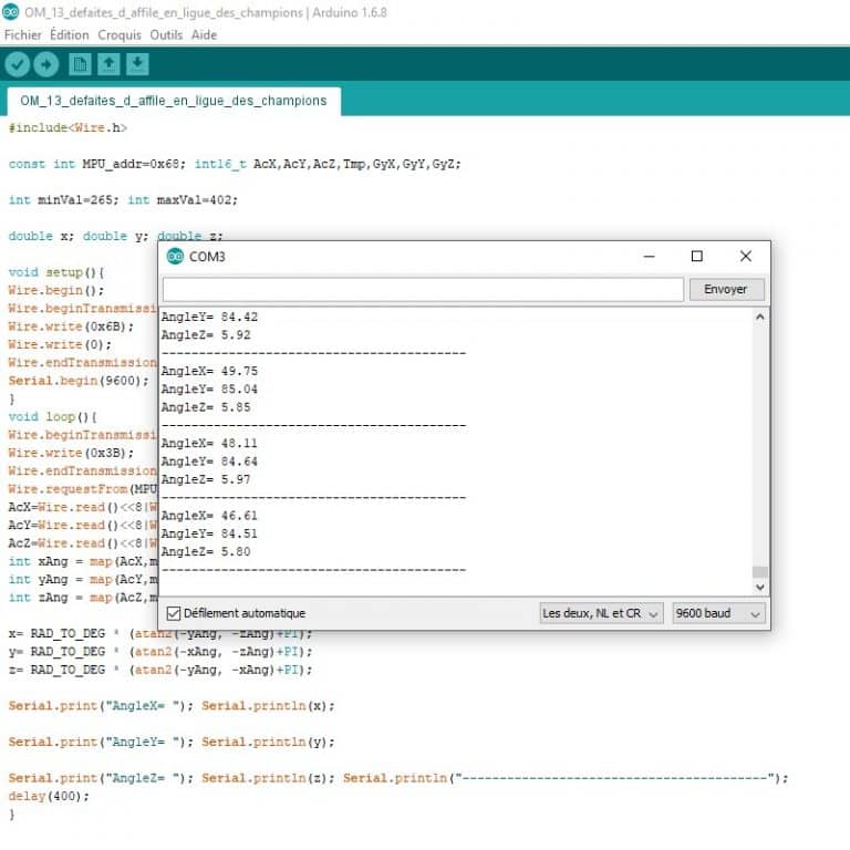 Capture d'écran de l'interface de l'IDE Arduino affichant un programme de code source. Le code inclut des instructions pour lire les données d'un capteur MPU via le protocole I2C et calculer des angles en degrés à partir des accélérations mesurées. Des fonctions telles que 'Wire.begin()', 'Wire.read()', et des calculs mathématiques sont visibles. Le code est organisé dans les fonctions 'setup()' et 'loop()', avec des commentaires pour faciliter la compréhension des différentes étapes. La fenêtre du moniteur série à droite affiche des résultats en temps réel, indiquant les angles calculés 'AngleX', 'AngleY', et 'AngleZ' avec des valeurs numériques.