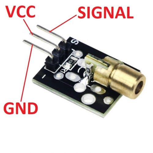 Module émetteur Laser KY-008 montrant les broches VCC, GND et SIGNAL.