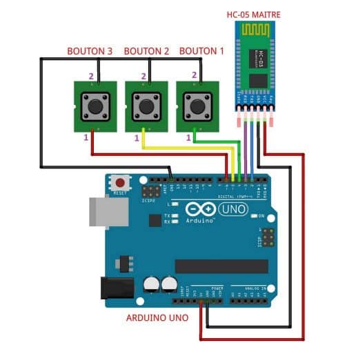 Schéma de montage du module Bluetooth HC-05 Maître avec Arduino Uno et boutons-poussoirs