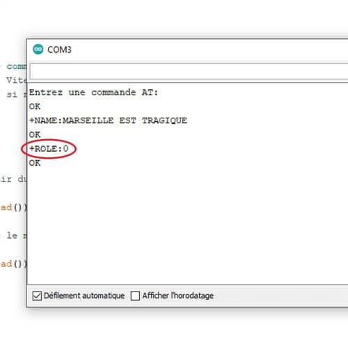 Confirmation du mode Esclave du module HC-05 avec la commande AT+ROLE? dans le moniteur série Arduino
