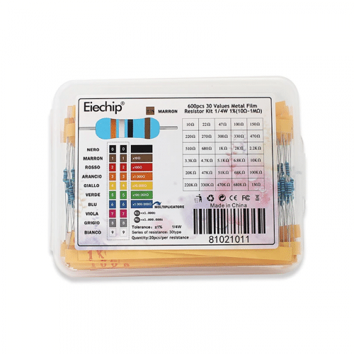 Une boîte en plastique transparent de la marque "Eiechip" contenant un assortiment de résistances. Sur le couvercle de la boîte, un guide de code couleur des résistances est imprimé, indiquant les valeurs correspondantes pour différentes combinaisons de bandes de couleurs.